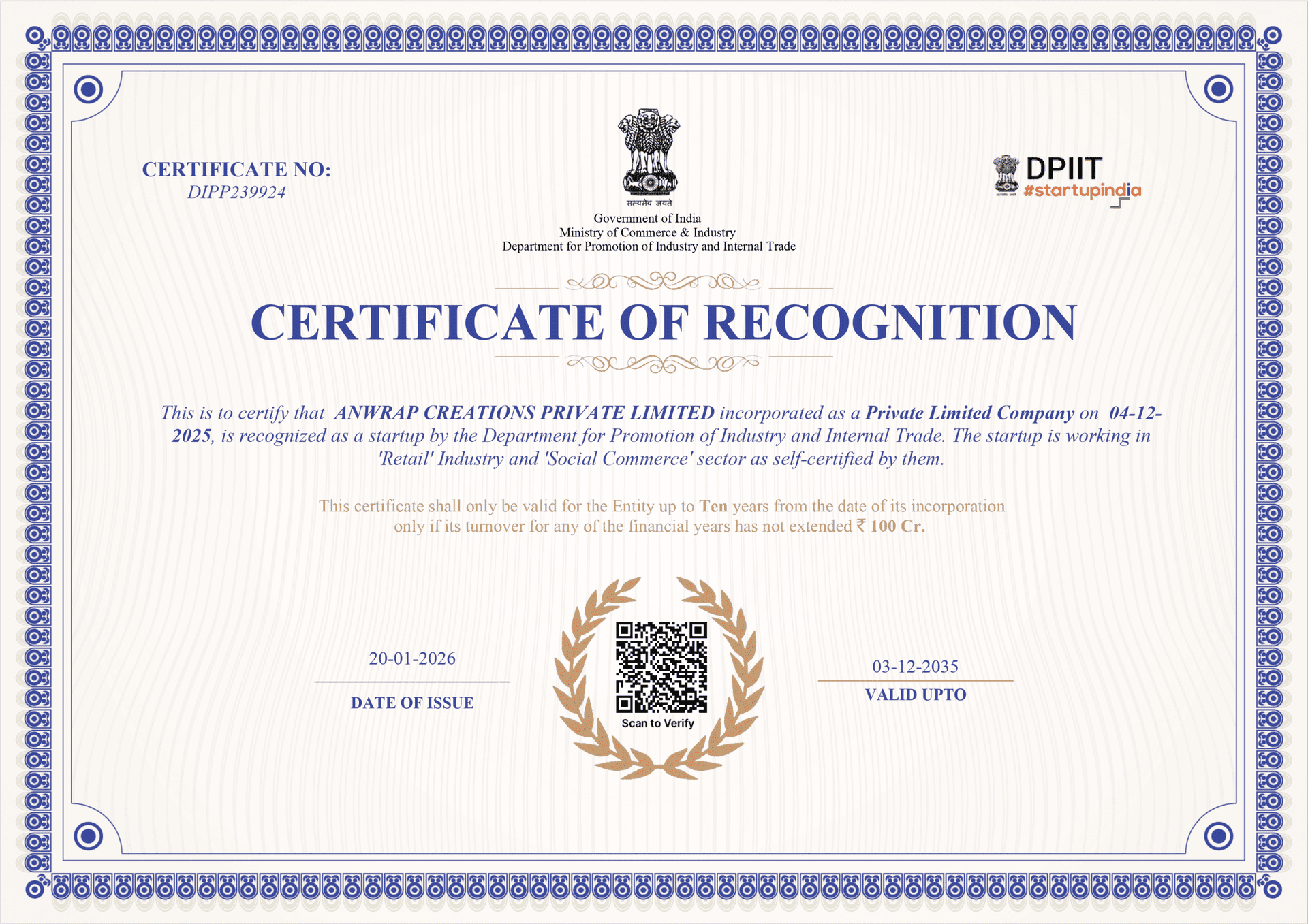 AnWrap - Startup India DPIIT Certificate